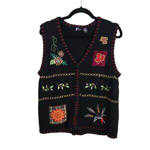 Vintage Holiday Editions Fall Thanksgiving Embroidered V Neck Button Front Sweat